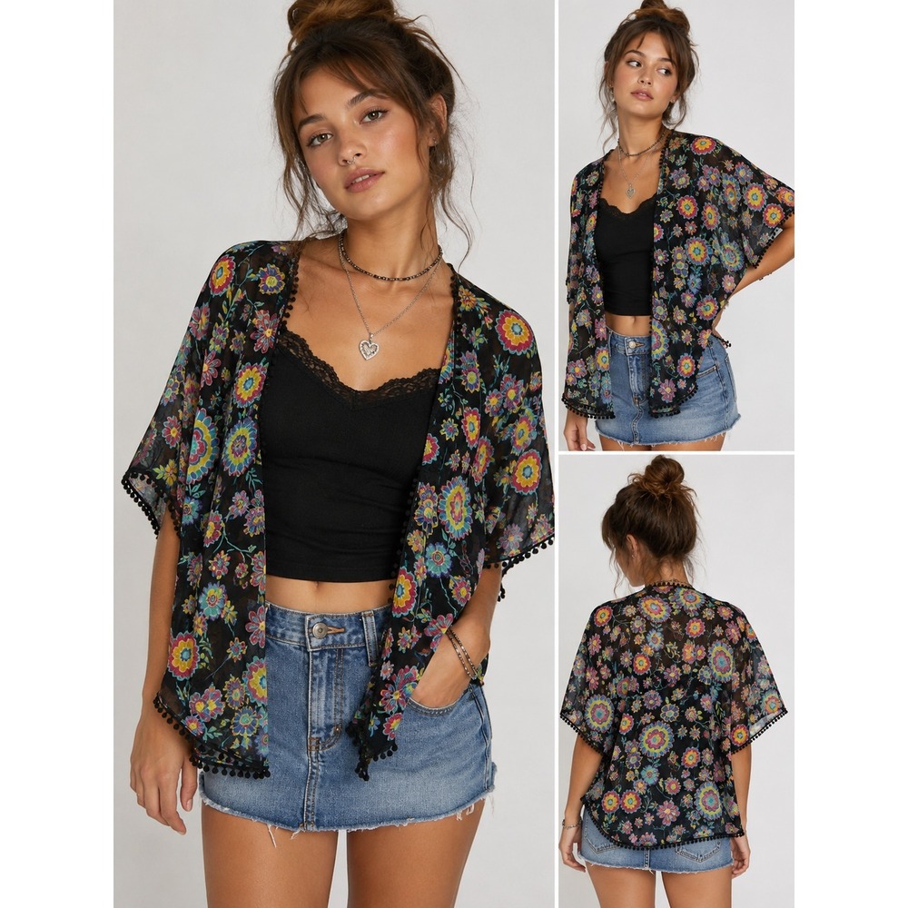 Y2K 90s Derek Heart Floral Sheer Crop Kimono Black Pom Trim Top M